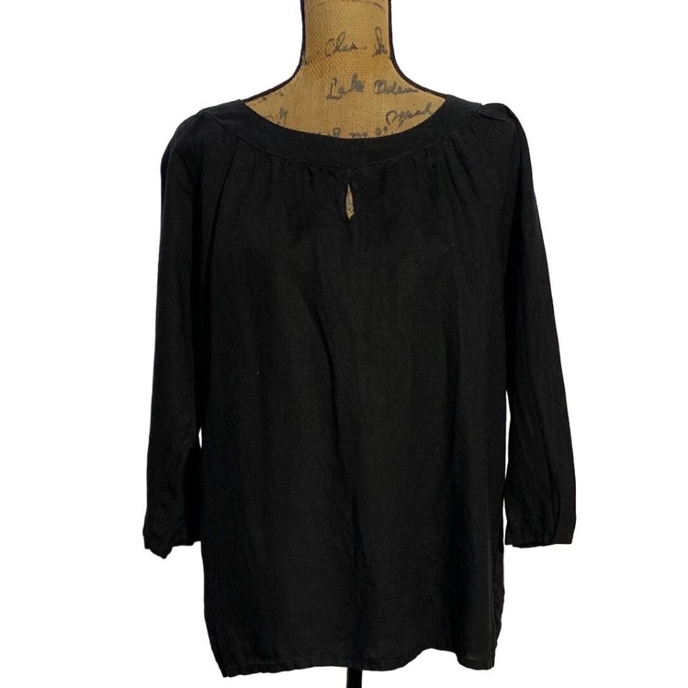 Match Point M Tunic‎ Top 100% Linen USA Solid Black Oversize 3/4 Sl Hand Wash